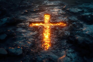 Glowing fiery cross symbol on dark textured ground with dramatic lighting and moody atmosphere creates powerful spiritual and religious symbolism.