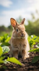 Fototapeta premium Cute brown rabbit sitting among fresh green plants in a sunny garden during daytime