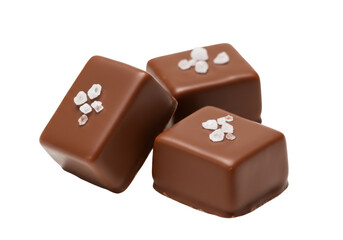 Isolated sweet chocolate squares with salt crystals, gourmet dessert or candy confectionery