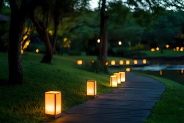 Obraz premium Luminous paper lanterns line curved pathway in evening park, creating romantic ambiance with warm glowing lights along walkway near water, peaceful garden setting.