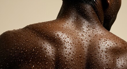Close-up of water droplets glistening on the smooth, dark skin of a muscular back and shoulder.