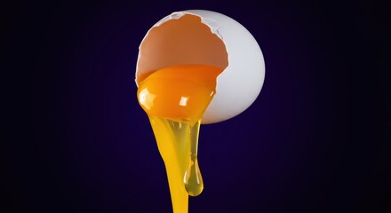 Viscous yellow egg yolk and white dripping from a broken white shell against a dark background.