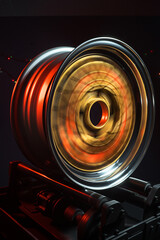 old retro stylish wheels collapsible two-component with a gold center and shiny rims for car tuning long exposure photo to simulate movement