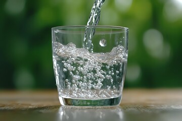 Fresh clean water pouring into clear glass with dynamic splash and bubbles against blurred green natural background, close-up view on wooden surface.
