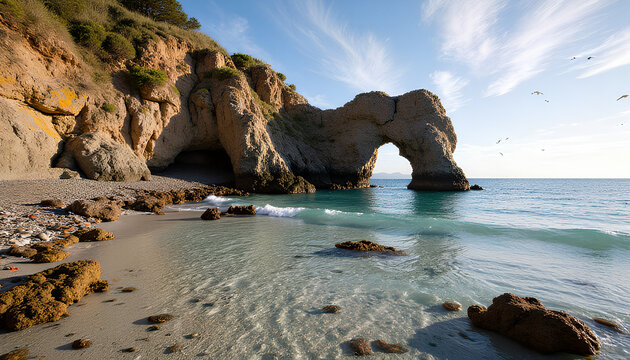Dramatic coastal cliffs and a natural rock archway at the beach