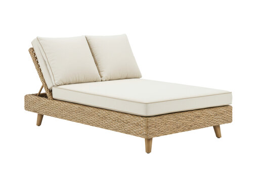 Isolated luxurious wicker lounge chair with cushions outdoor furniture on patio deck area