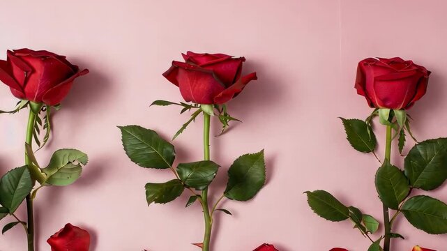 Three red roses with fallen petals on a pink background, romantic and elegant.