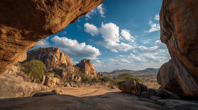 The dramatic, remote rock formations of the Matobo Hills, showing ancient cave paintings under a vast, open sky.
