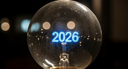 The year 2026 glowing in blue neon inside a transparent glass lightbulb on a dark background.