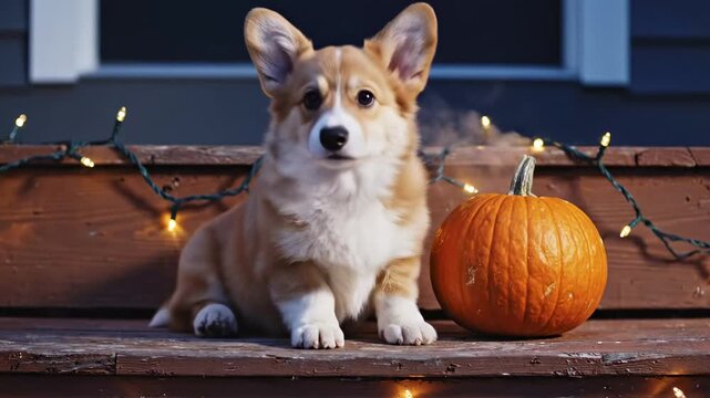 cute animals on earth - Small corgi puppy trots along wooden steps by a glowing pumpkin, twinkling fairy lights, and a crisp autumn evening, sniffing the air and exploring the cozy porch scene, Aww!