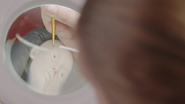 Closeup of artist using magnifying glass and brush to paint detailed eyebrow on silicone doll head showing focus and precision in miniature art process