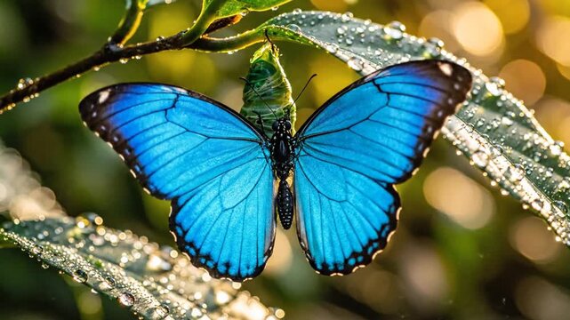 A butterfly emerges from a chrysalis, suspended from a leaf, covered in droplets