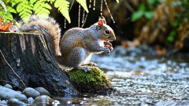 cute animals on earth - A gray-red squirrel sits on a mossy log beside a sunlit stream, nibbling a nut as droplets bead on fern fronds and smooth river stones in a tranquil forest. A calm brook nearby