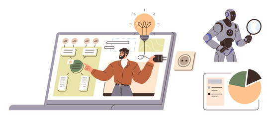 Online presentation on laptop by a man illustrating ideas with charts and flowcharts. Robot analyzing data with magnifier. Ideal for education, AI integration, teamwork, innovation, creativity