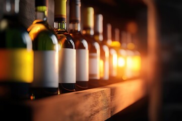 Rows of wine bottles on wooden shelf in cozy cellar with ambient lighting