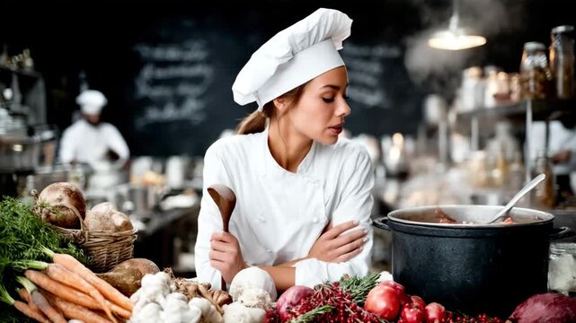 A young female chef smiles, then bends down to peer into a large pot, holding a wooden spoon. Fresh vegetables are in the foreground.