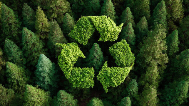 Recycling symbol on the background of trees. Ecological concept. Ecology.