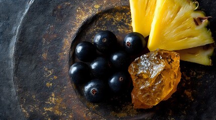Fresh black grapes with crystallized brown sugar and juicy pineapple slice on dark rustic background, dramatic food photography for restaurant menu.