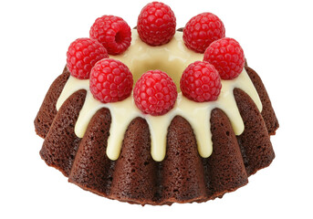 Isolated bundt cake dessert with red raspberries and icing for commercial photography