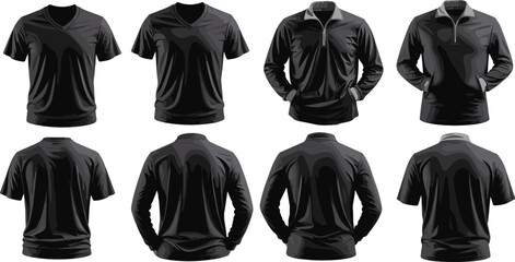 Black shirts mockup, front and back view, V-neck T-shirt, quarter zip pullover, apparel template, fashion design, clothing layout © Arafat World