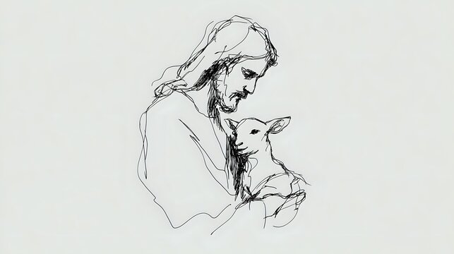 Minimalist line drawing of Jesus Christ holding a lamb, spiritual artistic sketch depicting divine love and pastoral care. Religious artwork in black ink on light background.