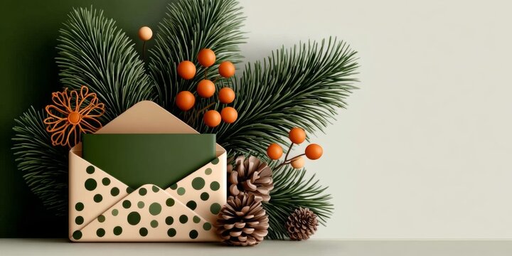 Elegant Christmas Greeting Card Design Featuring Green Fir Branches and Festive Holiday Elements
