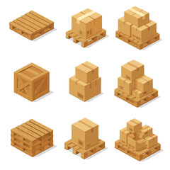 Fototapeta premium Isometric warehouse elements: pallets, boxes, and containers for logistics. Vector icon