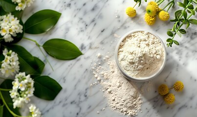 Natural cosmetic powder in white bowl on marble background with yellow craspedia flowers and green leaves, flat lay composition for beauty products.