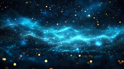 Obraz premium Glowing blue cosmic nebula with sparkling stars and golden light particles against dark space background, creating mystical atmospheric effect.