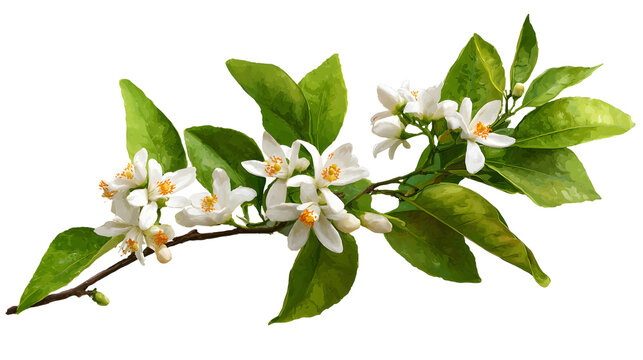 Delicate Citrus Blossoms on a Branch with Vibrant Green Leaves.