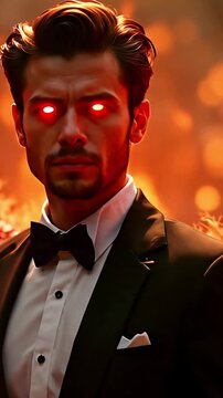 A man in a tuxedo stands confidently with glowing red eyes. A dragon's wing is visible behind him, set against a fiery background.