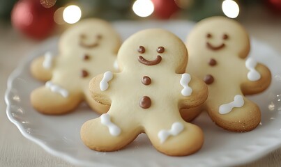 Freshly baked gingerbread cookies with smiling faces decorated with white icing and chocolate buttons on white plate, festive holiday baking background.