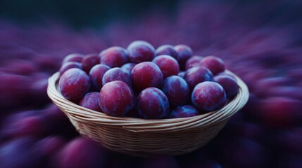 Obraz premium Close-up of a small woven basket filled with plums. the basket is made of light-colored wood and has a handle on one side. the plums are a deep purple color and appear to be ripe and juicy.
