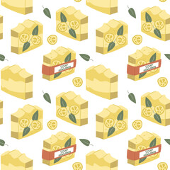 Pattern with a handmade soap bar with and without packaging. Lemon with fragrances. Flat illustration in a seamless texture. Bright. Perfect eco-friendly cosmetics, spa, wellness, packaging design