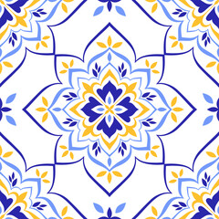 Mediterranean seamless pattern. Tile in blue yellow colors and white background. Mosaic design. Sicilian, Portuguese, Italian, Spanish motifs. Floral ornament. Print for ceramic, textile. Vector