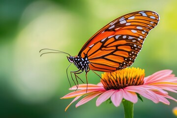 Fototapeta premium Vibrant butterfly resting on orange blossoms in a serene garden setting