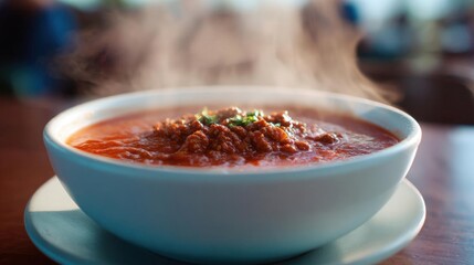 Bowl of tomato soup on a wooden table. the soup is red in color and appears to be thick and thick, with chunks of meat and vegetables visible in the broth.
