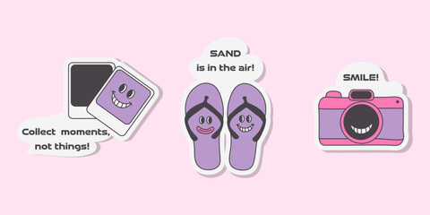 A collection of adorable y2k travel stickers. These include a pink camera, purple flip-flops, and photographs, designed in a fun, colourful, cartoon style.
