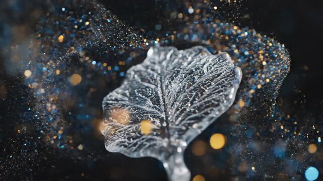 A clear, veined leaf shape sits against a dark, shimmering bokeh background