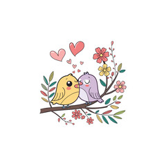 Colorful different type of birds sitting on tree branches with colourful floral and leaf patterns, featuring nature vector illustration