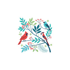 Colorful different type of birds sitting on tree branches with colourful floral and leaf patterns, featuring nature vector illustration