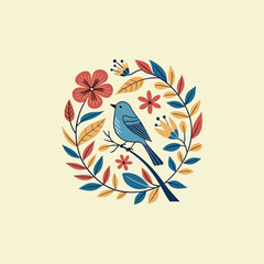 Colorful different type of birds sitting on tree branches with colourful floral and leaf patterns, featuring nature vector illustration