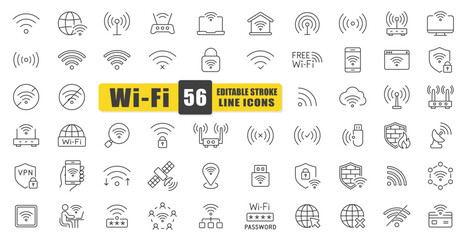 WiFi Line Icon Vector Set. A Collection Of 54 Editable Stroke Icons Depicting Wireless Signals, Routers, Connections, Passwords, And Networks. Perfect For Technology, Communication. Isolated Symbols.
