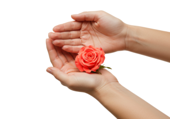 Isolated hands holding an orange rose, romantic gift, gentle care, floral arrangement