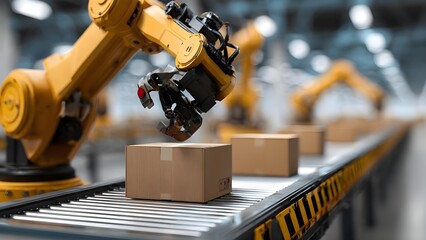 A yellow robotic arm with a gripper picks up cardboard boxes on a conveyor belt in a factory warehouse. Concept Industrial Robotics, Factory Automation, Warehouse Logistics, Robotic Arm