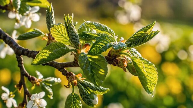 A close-up of a tree branch displaying new leaves and buds in the morning sun