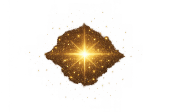 Gold glitter dust disperses, forming luminous star shape with a burst of light on a transparent background