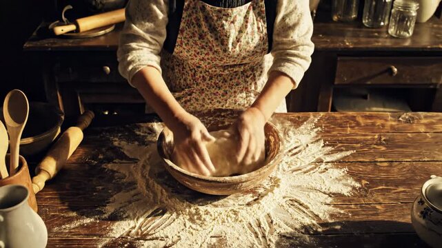 Hands knead soft dough on floury wooden table in cozy kitchen setting. Warm light highlights kitchen tools and baking supplies around. Concept of baking, culinary arts, homemade goods