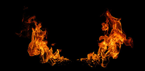 Realistic fire flames on black background, showing bright orange and yellow burning effect, perfect...