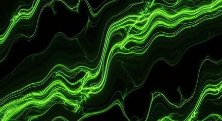 Fototapeta premium Abstract Green Glowing Energy Waves on a Dark Black Background.